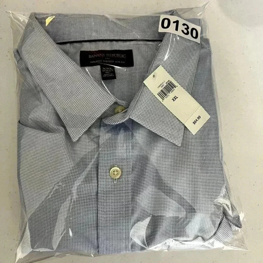 Banana Republic Men's XXL Basic Blue SlimFit Untucked NonIron Grid Pattern Shirt